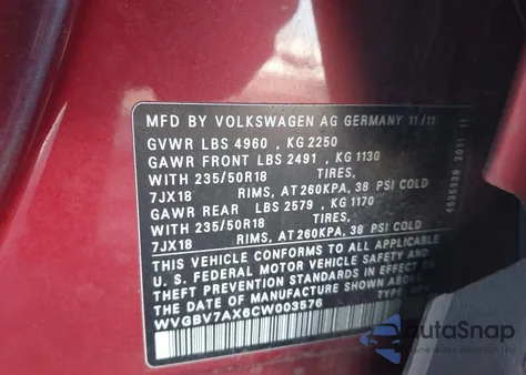 2012 Volkswagen Tiguan Se from USA, damaged, VIN WVGBV7AX6CW003576